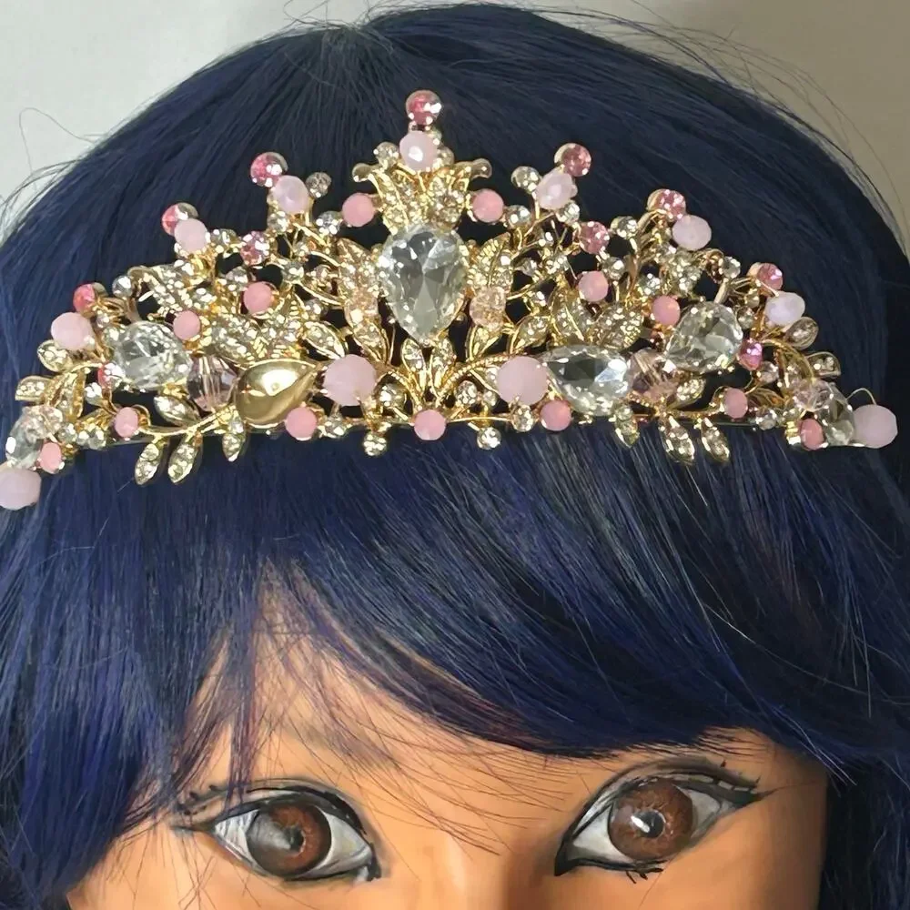 Gold Tone Pink Rhinestone Tiara Floral Princess Crown Bridal Prom Costume